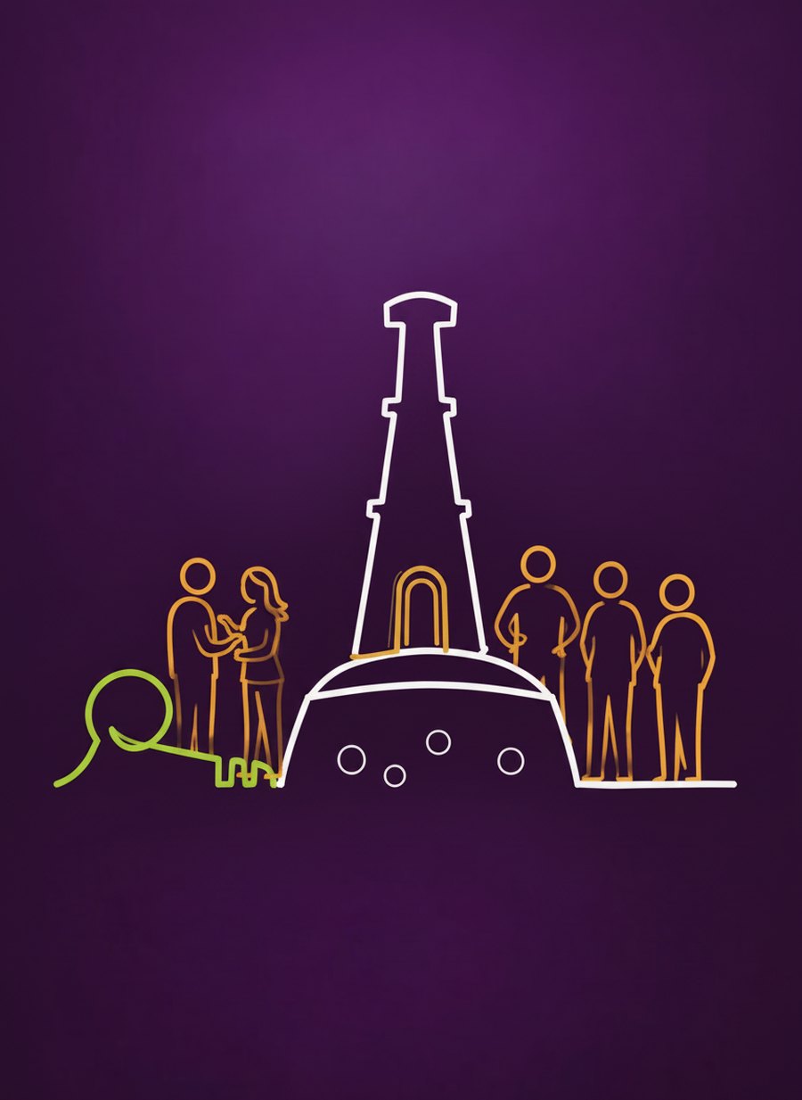 Illustration: Turm, Schatzkiste und Schlüssel als feine Linie, rundherum eine Gruppe von Menschen im Gespräch.
