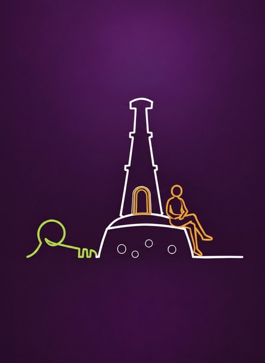 Illustration: Turm, Schatzkiste und Schlüssel als feine Linie, eine Person sitzt entspannt auf der Schatzkiste.